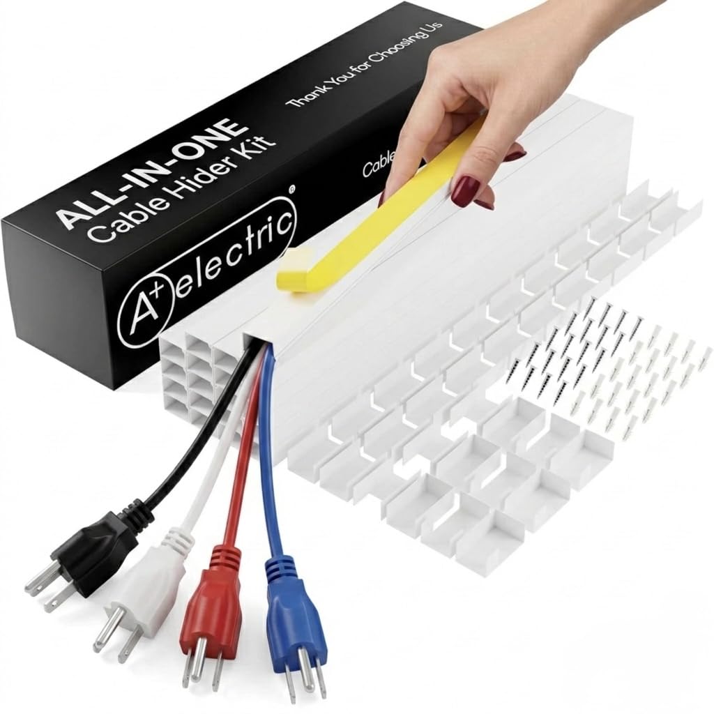 A+ ELECTRIC Cord Cover Full Kit, 26ft/315in Self-Adhesive Cable Raceway, 20 Snap-On Channels, Wire Hider for TV, HDMI & Speaker Cables, Includes Connectors & Corners, Paintable Cable Management, White
