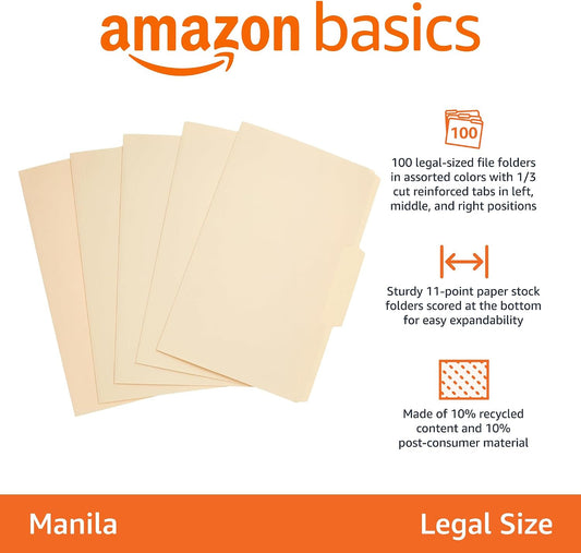 Amazon Basics Sturdy Manila File Folders, 1/3 Tabs in Assorted Positions for Filing and Easy Labeling, Legal Size, 8.5 x 14 inch, 100-Pack