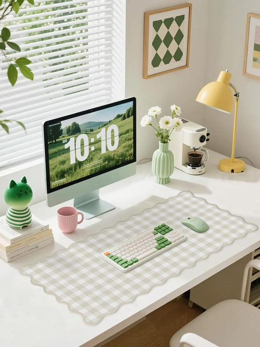 Scalloped Beige Checkered Gingham Desk Mat Cute Pastel Large Mouse Pad Kawaii Cottagecore Vintage Rustic Keyboard Pad Computer Mat for Desktop Aesthetic Cozy Office Desk Decor