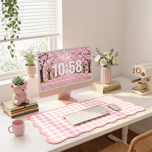 Scalloped Gingham Pink Desk Mat,Large Cute Desk Pad for Keyboard Mouse,Girly Mouse Pad for Desktop Office