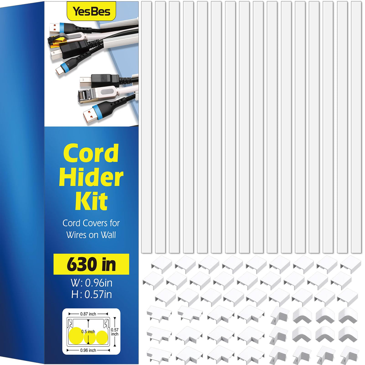 YesBes Cord Hider Kit for Wall Mount TV, Covers for Wires on Wall, Paintable Cable Raceway, W0.96in X H0.57in, 116in, White