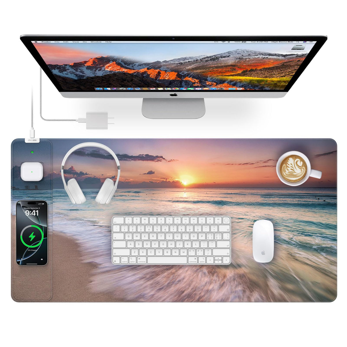 Wireless Charging Mouse Pad with Foldable Phone Holder, 31.5"x15.8", Black