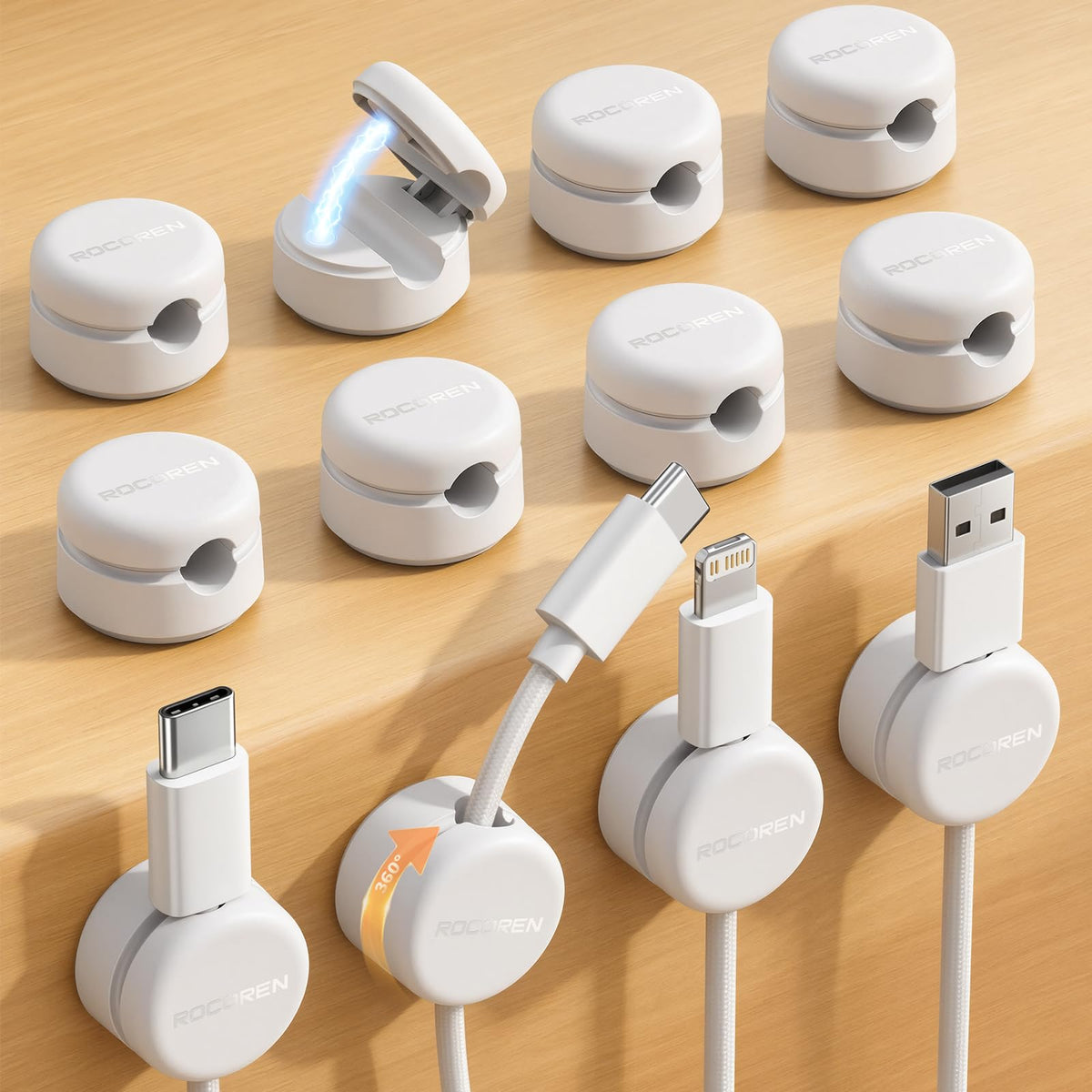 Rocoren 12 Pack Magnetic Cable Clips,360° Rotating Cord Organizer Holder