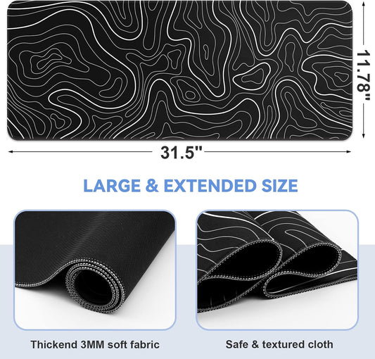 DIGSOM Gaming Mouse Pad, Black with White Topographic Line, 31.5x11.8in
