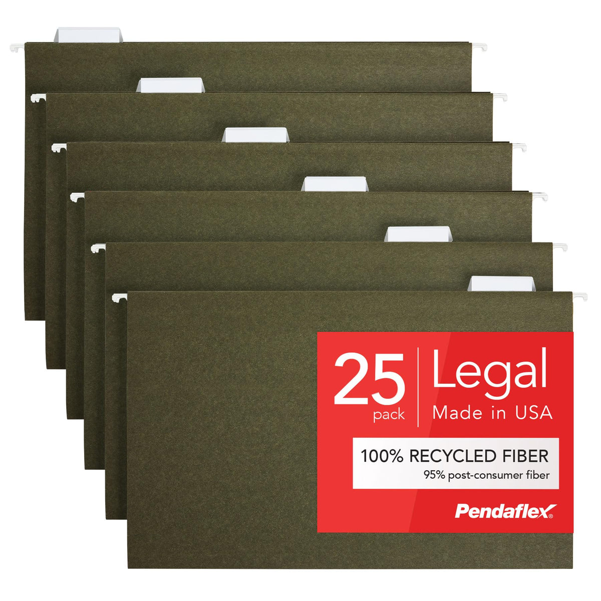 Pendaflex Recycled Hanging File Folders, 25 Pack, Green, Legal Size (8.5" x 14"), 5 Tab Positions, Includes Tabs and Inserts, Eco-Friendly Hanging Files for Office and Document Organization