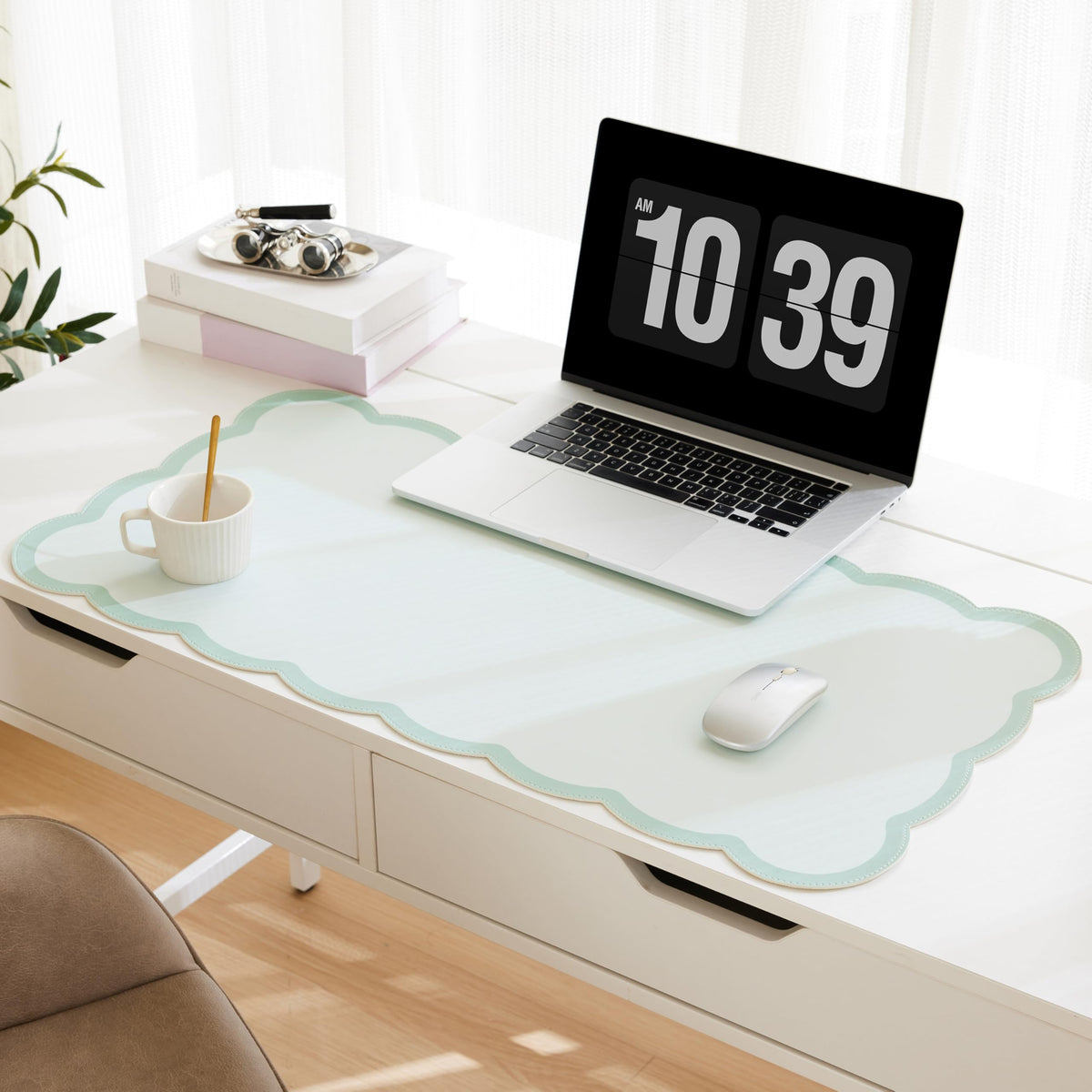 Scalloped Desk Mat, 31.5" x 15.7" Large Cute Aesthetic Desk Accessories, PU Leather Computer Laptop Desk Mouse Keyboard Pad, Desk Writing Mat for Vanity/Work/Home Decor (Pink, 31.5" x 15.7")