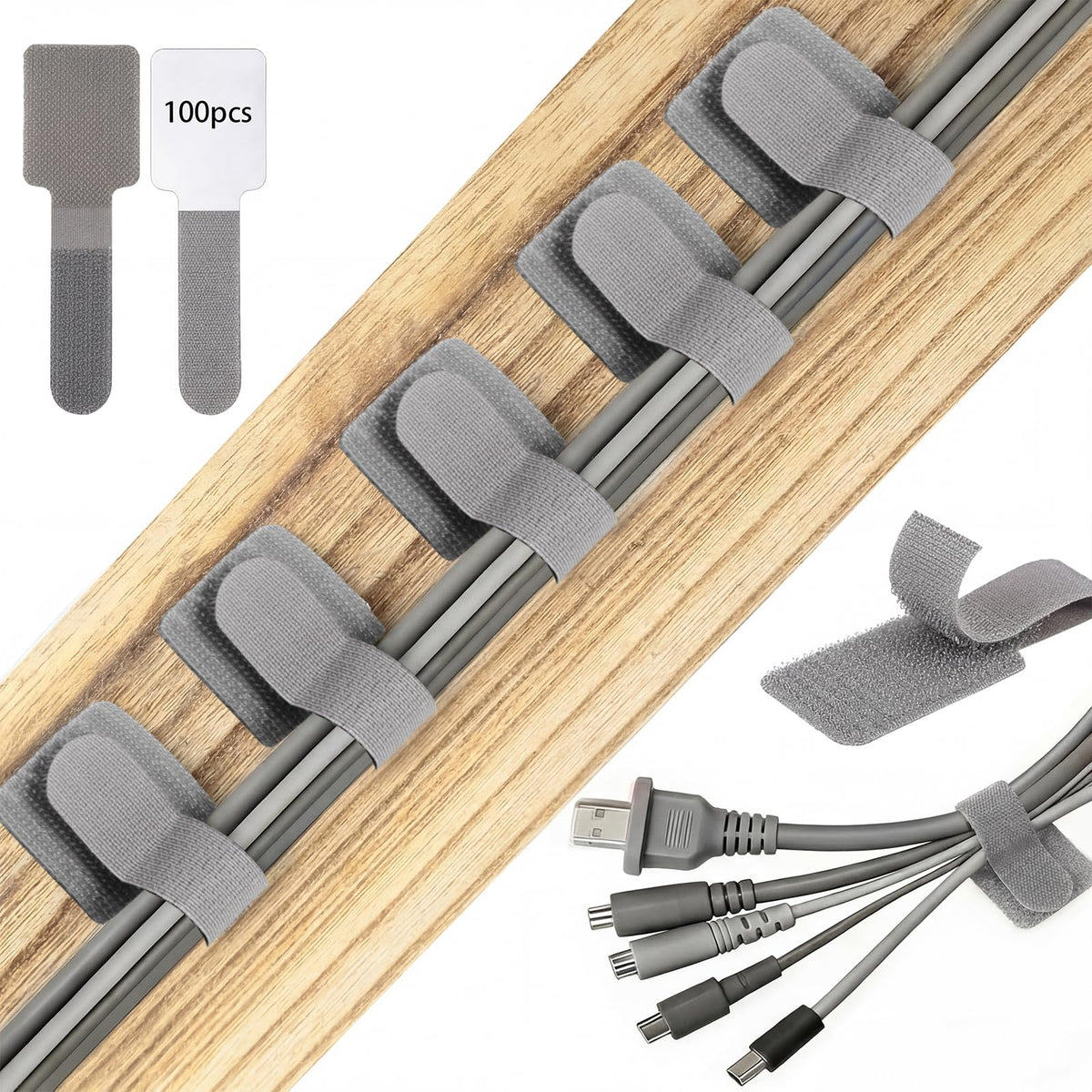 100 Pcs Cable Management Under Desk, Hook and Loop Cable Straps, Black
