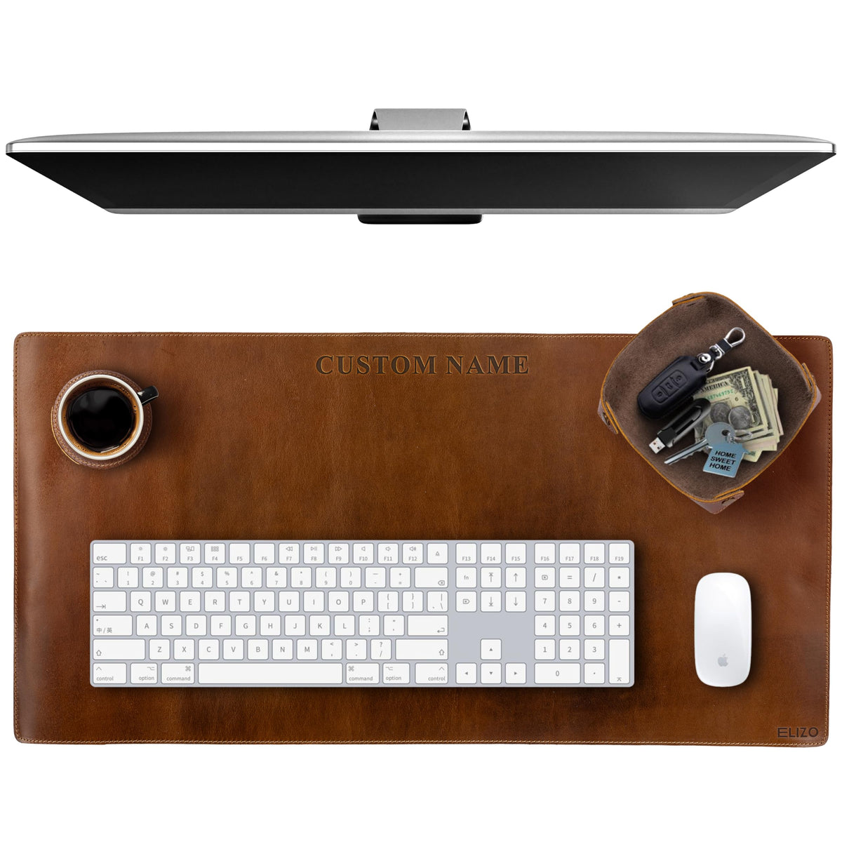 Elizo Real Leather Desk Mat Set (32x16) Large Desk Cover Desk Blotter Protector Computer Gaming Mouse Pad Table Laptop Office Desktop Accessories