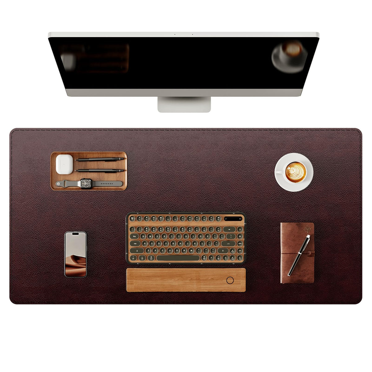 YSAGi Genuine Leather Desk Mat, 31.5"x15.8" Office Desk Pad, Thick Premium Table Pad with Stitched Line, Non-Slip Laptop Writing Pad with Rubber Base (Dark Brown, 31.5"x15.8")