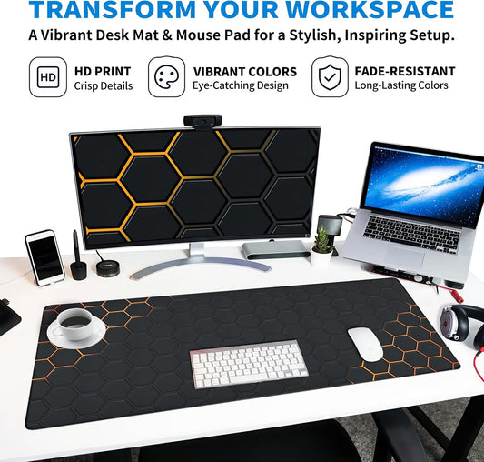 Extended Honeycomb Desk Mat, XXL Large Gaming Mouse Pad, Gold Glowing Pattern Stitched Edges Waterproof Non-Slip Rubber Base for Computer Keyboard Laptop Work Home Office 35.4"x15.7"