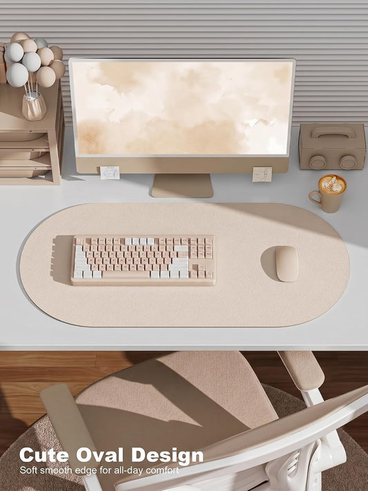 Desk Mat, 31.5" x 15" Oval PU Leather Non-Slip Desk Pad Large Mouse Pad for Desktop, Waterproof Countertop Protector Writing Mat for Office, Home, Gaming, Vanity, Beige