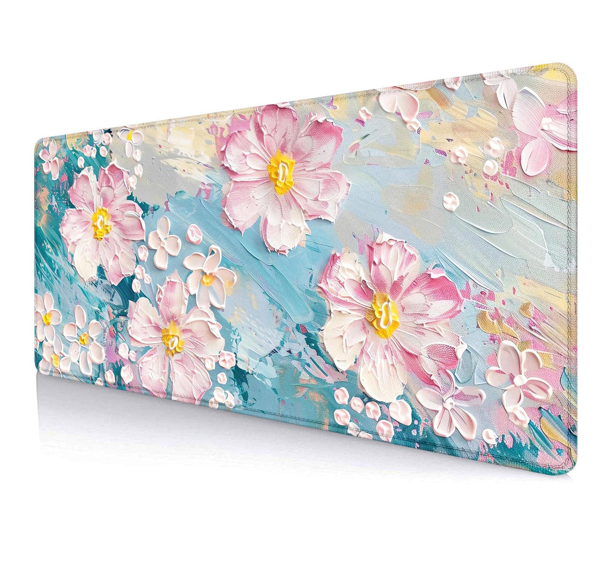Large Mouse Pad Mousepad, Pink Flowers in a Blue Desk Mats for Desktop, Watercolor Beautiful Floral Laptop Computer Desk Pad, Non-Slip Rubber Base Desktop Mat, 31.5 x 11.8 inches