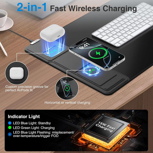 Wireless Charging Mouse Pad with Foldable Phone Holder, 31.5"x15.8", Black