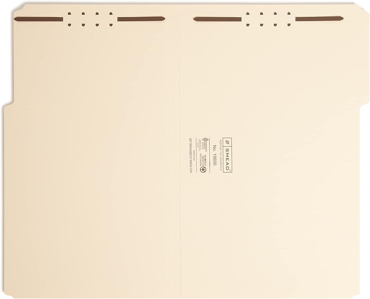 Smead Heavy-Duty Fastener File Folder, 2 Fasteners, 1/3-Cut Tab, Legal Size, Manila, 50 per Box (19600)