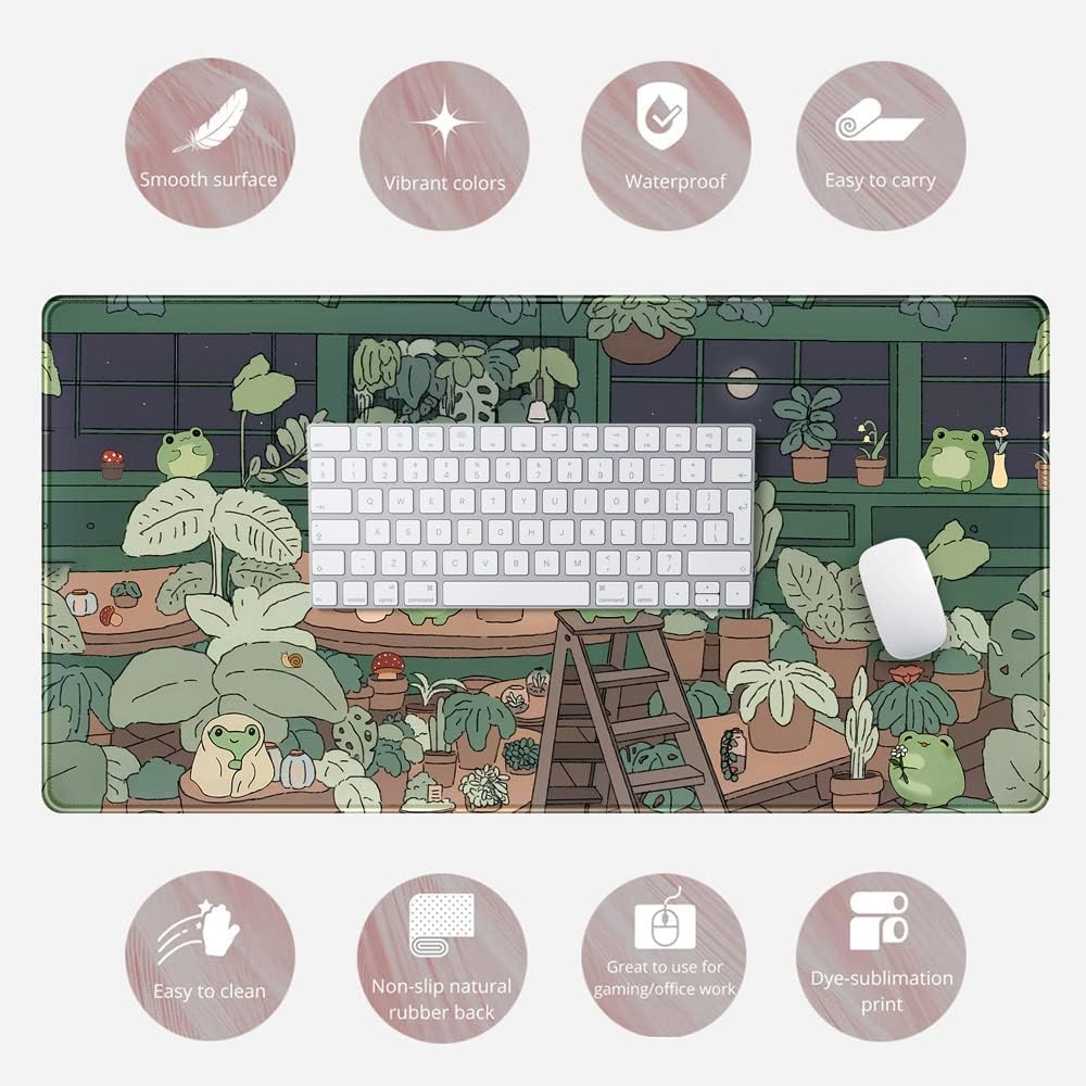 Cute Frog Mouse Pad Desk Pad Kawaii Green Decor Mat, Large Gaming Mouse Pad for Desk Computer Keyboard Laptop, Desk Decor Home Office Accessories for Girl (31.5x15.7 in) with Stitched Eges Pad