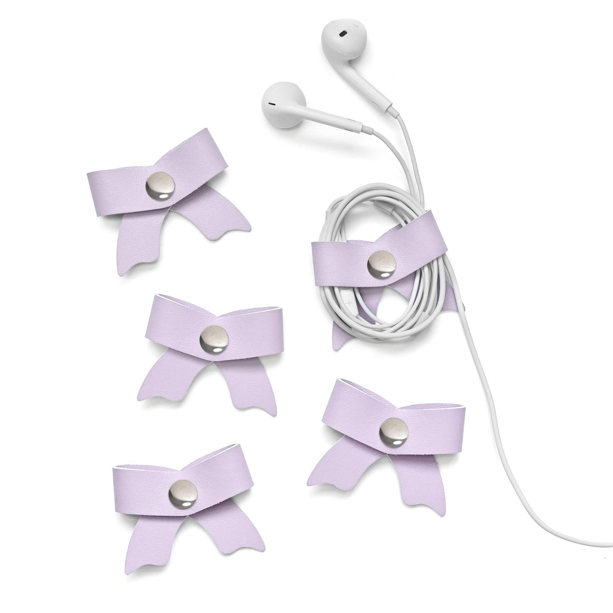SenseAGE 5 Pack Cord Organizer, Bow Cord Keeper, Cable Organizer USB Holder, Leather Cable Management, Cable Straps, Earphone Winder, Storage Straps for Electronics, Earbuds, Small, Pink
