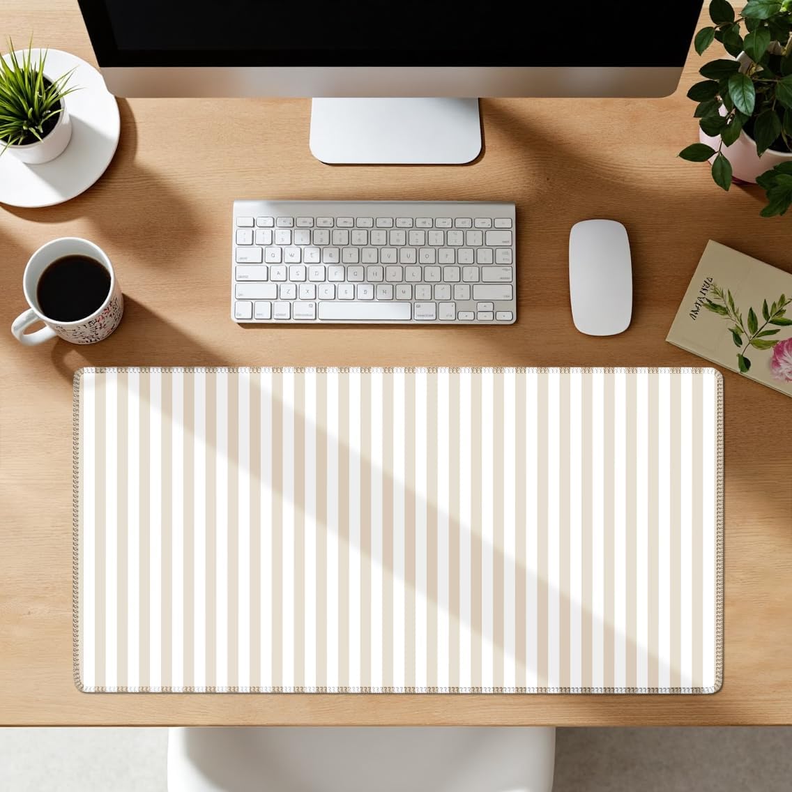 Beige Striped Desk Mat Cute Pastel XXL Large Gaming Mouse Pad Desk Pad Kawaii Aesthetic Home Office Decor Cozy Keyboard Laptop Computer Mat