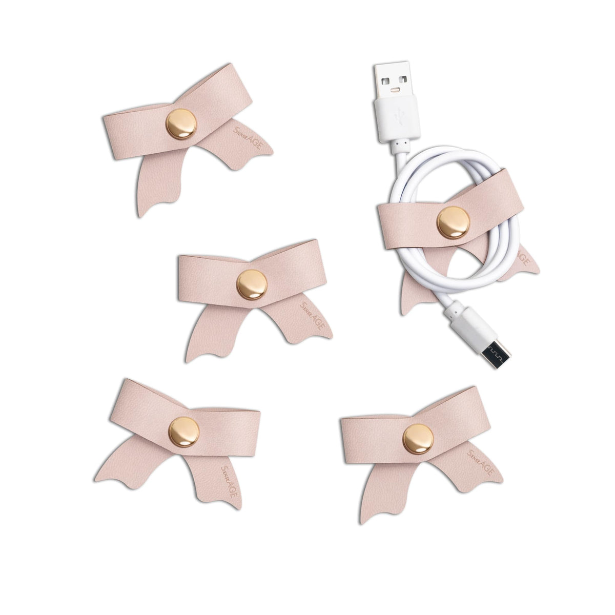 SenseAGE 5 Pack Cord Organizer, Bow Cord Keeper, Cable Organizer USB Holder, Leather Cable Management, Cable Straps, Earphone Winder, Storage Straps for Electronics, Earbuds, Small, Pink