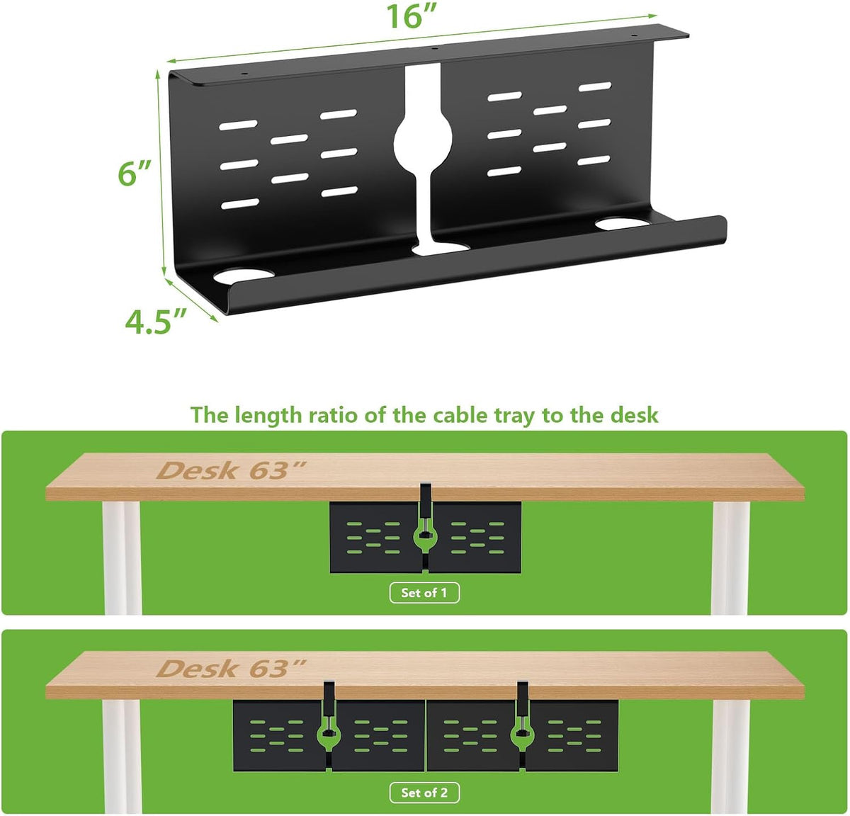 KEEGH 16 in Under Desk Cable Management Tray, Metal Cord Organizer, 2 Pack