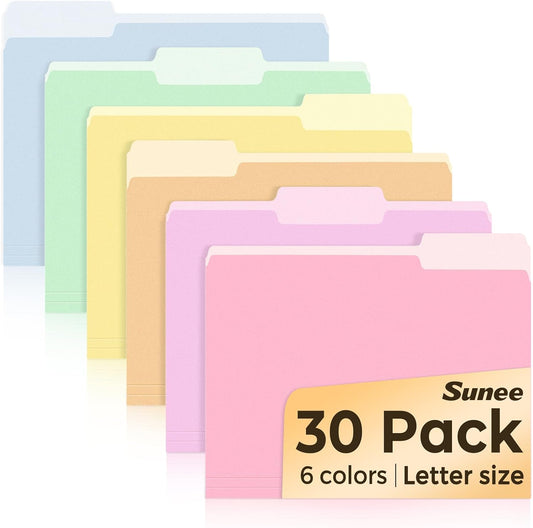 SUNEE File Folders, 30 Pack Manilla Folders 8.5 x 11, Colored File Folders Home Office School Supplies for Documents Files Paper, 6 Bright Colors