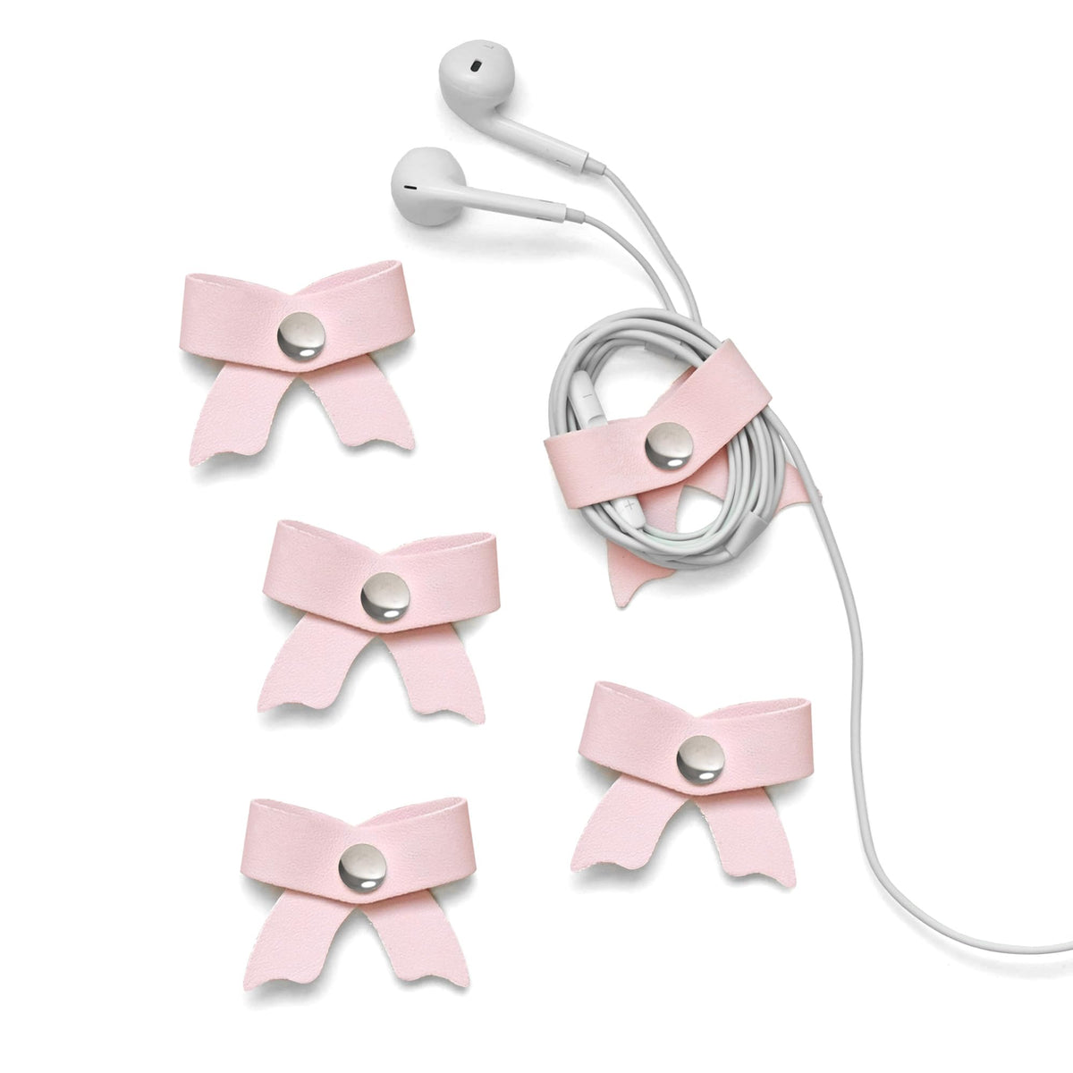 SenseAGE 5 Pack Cord Organizer, Bow Cord Keeper, Cable Organizer USB Holder, Leather Cable Management, Cable Straps, Earphone Winder, Storage Straps for Electronics, Earbuds, Small, Pink