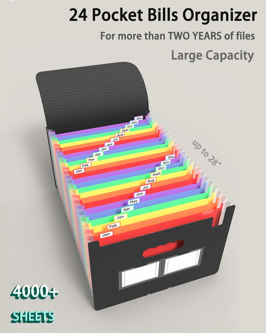 Expanding File Folder, 24 Pocket Accordion A4 Letter Size Portable Document Organizer with Colored Tabs, Expandable Bill Coupon Folder - Black