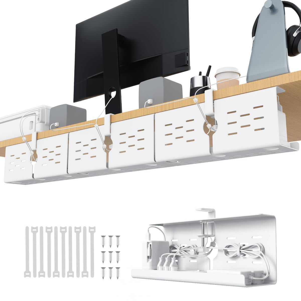 KEEGH 16 in Under Desk Cable Management Tray, Metal Cord Organizer, 2 Pack
