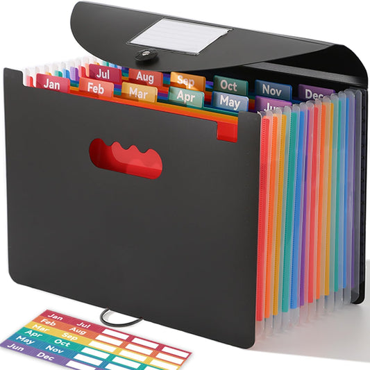 SortRax Monthly 12-Pocket Accordion File Organizer, Letter/A4 Size, Black