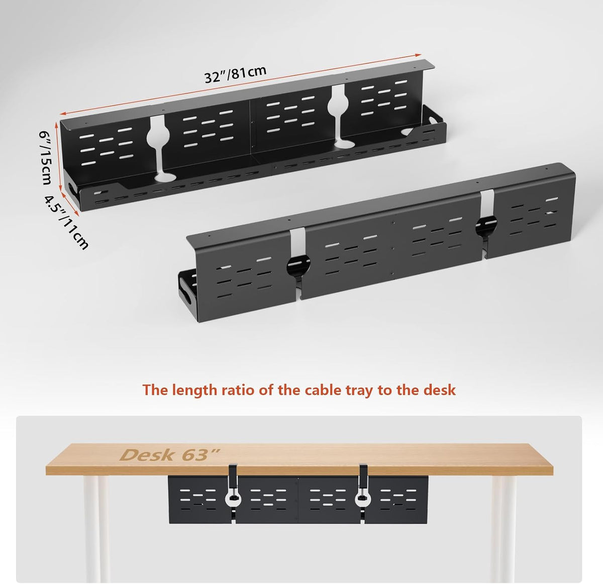 Univivi Under Desk Cable Management Tray, Cable Management, 32 inch, Black