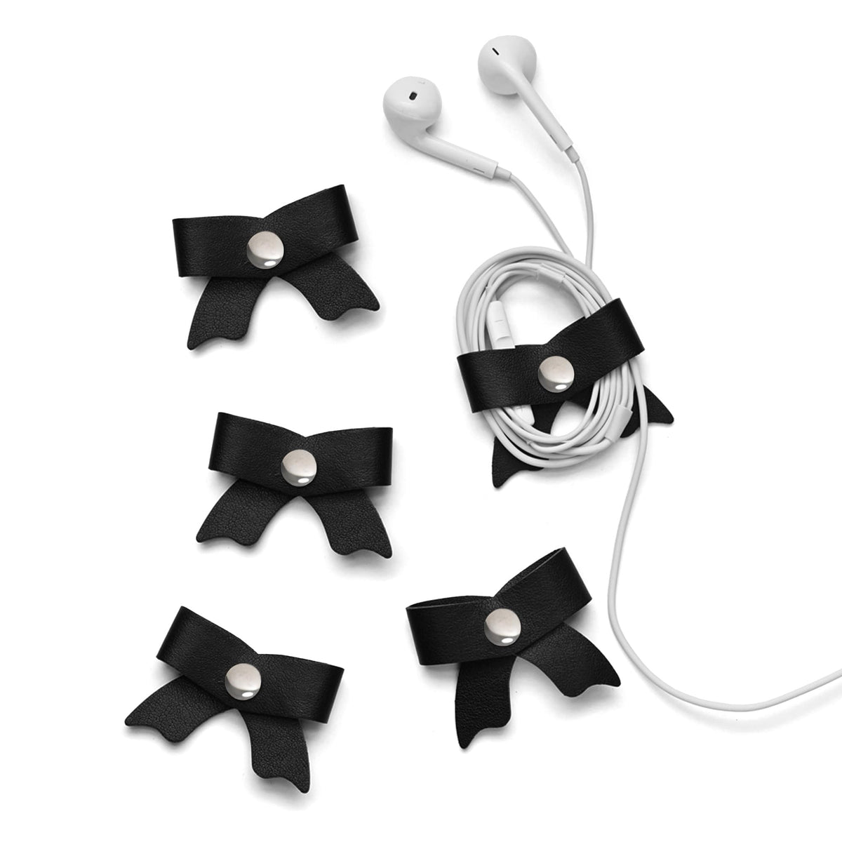 SenseAGE 5 Pack Cord Organizer, Bow Cord Keeper, Cable Organizer USB Holder, Leather Cable Management, Cable Straps, Earphone Winder, Storage Straps for Electronics, Earbuds, Small, Pink