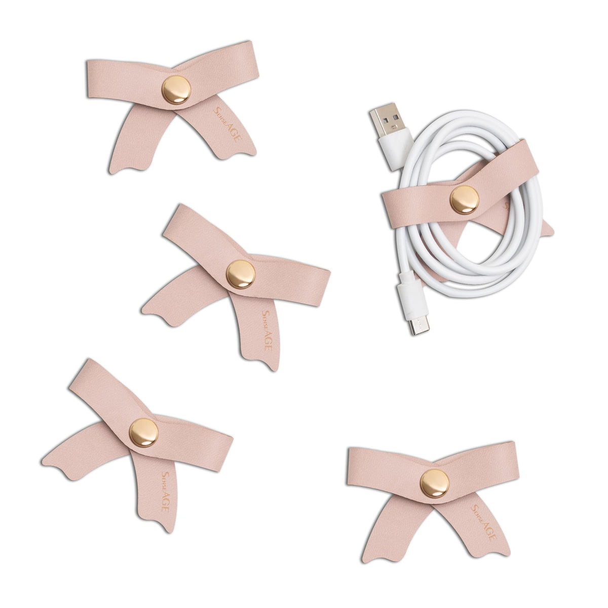 SenseAGE 5 Pack Cord Organizer, Bow Cord Keeper, Cable Organizer USB Holder, Leather Cable Management, Cable Straps, Earphone Winder, Storage Straps for Electronics, Earbuds, Small, Pink