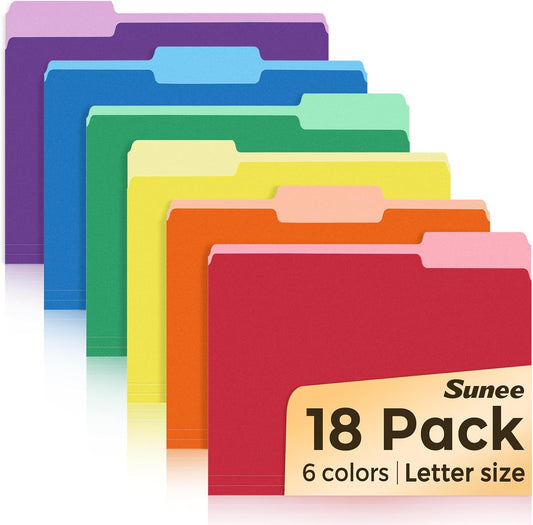 SUNEE File Folders, 18 Pack Manilla Folders 8.5 x 11, Colored Folder Office Organization Home School Folders for Documents Files Paper,6 Assorted Colors