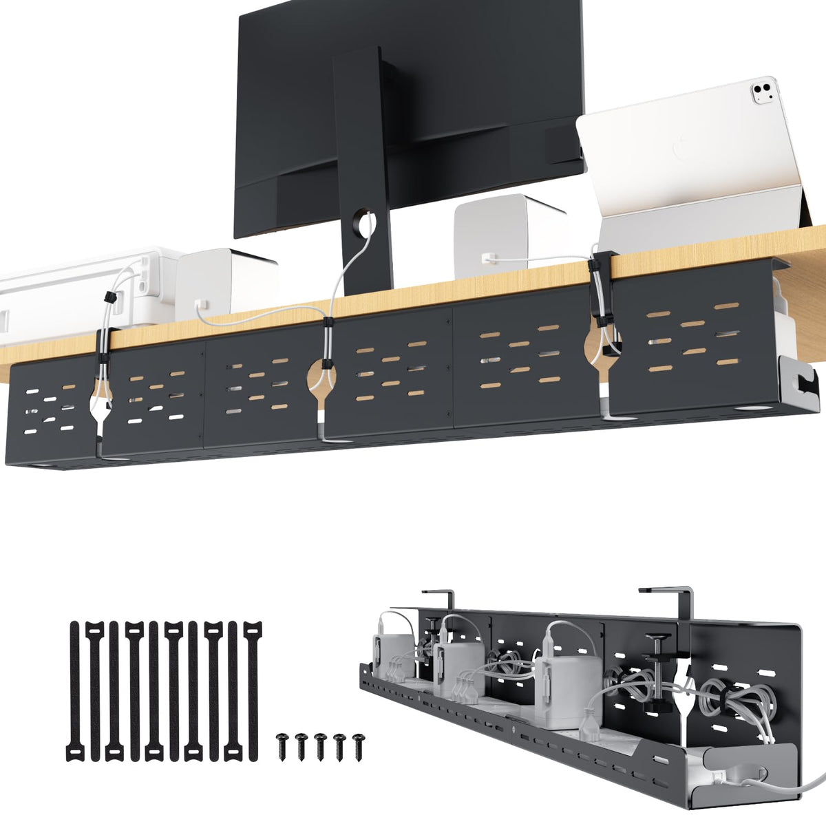 Univivi Under Desk Cable Management Tray, Cable Management, 32 inch, Black