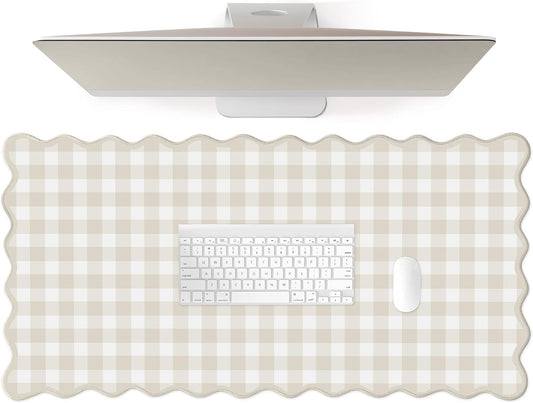 Scalloped‌ Beige Checkered Gingham Desk Mat Cute Pastel Large Mouse Pad Kawaii Cottagecore ‌Vintage‌ Rustic Keyboard Pad Computer Mat for Desktop Aesthetic Cozy Office Desk Decor