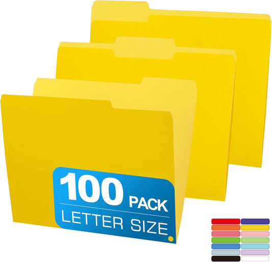 Two Tone Color File Folder 8.5 x 11 Inch,100 Packs Yellow File Folders,1/3 Cut Tab File Folder Letter Size, Assorted Colors,Manila File Folders for Office,School and Home,Organization