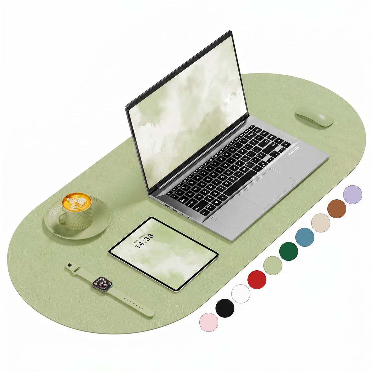 Desk Mat, 31.5" x 15" Oval PU Leather Non-Slip Desk Pad Large Mouse Pad for Desktop, Waterproof Countertop Protector Writing Mat for Office, Home, Gaming, Vanity, Beige