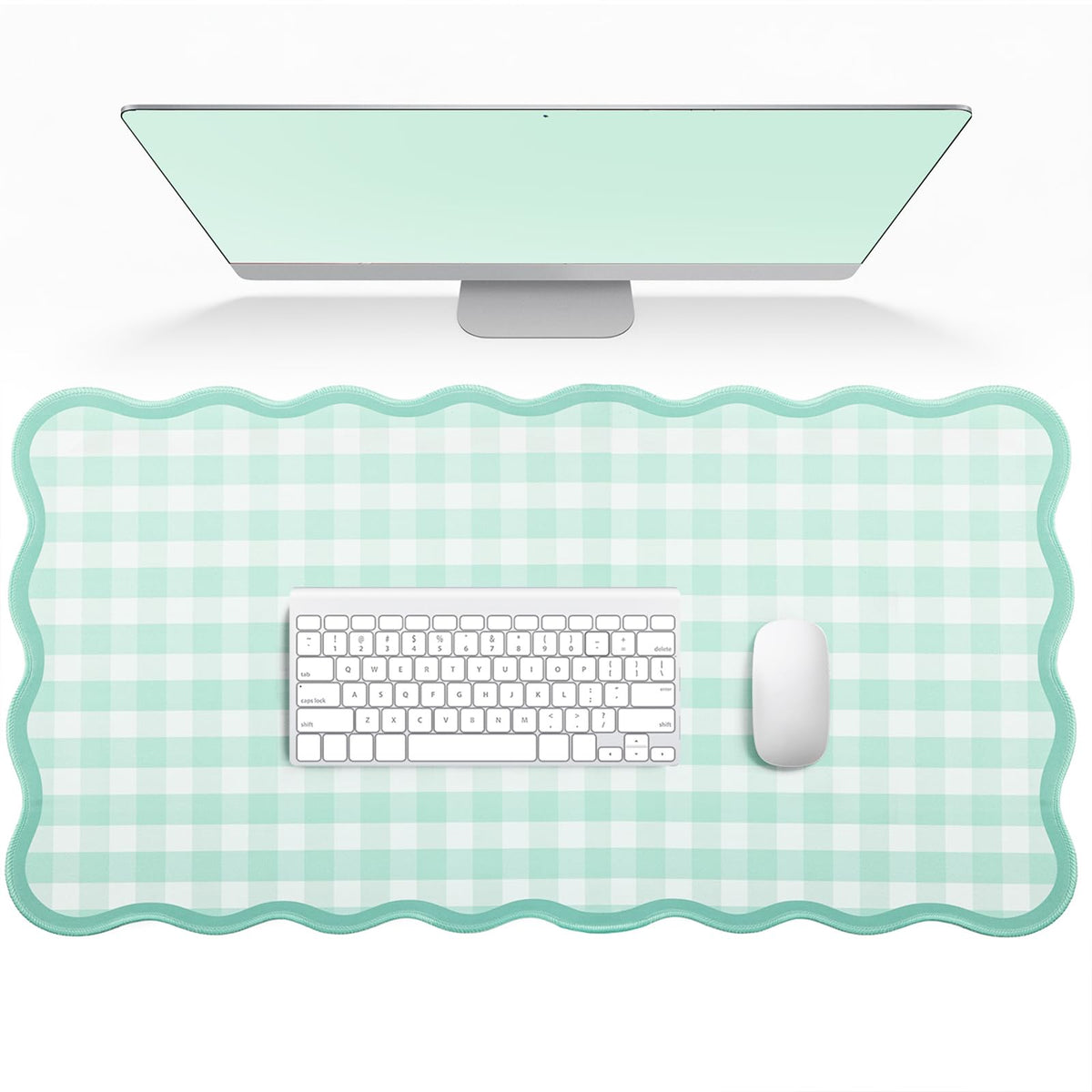 Scalloped Gingham Pink Desk Mat,Large Cute Desk Pad for Keyboard Mouse,Girly Mouse Pad for Desktop Office