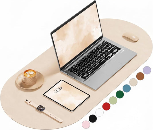 Desk Mat, 31.5" x 15" Oval PU Leather Non-Slip Desk Pad Large Mouse Pad for Desktop, Waterproof Countertop Protector Writing Mat for Office, Home, Gaming, Vanity, Beige