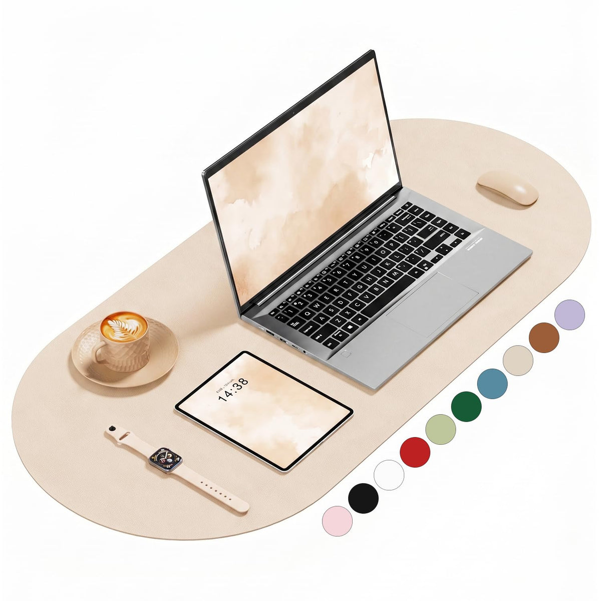 Desk Mat, 31.5" x 15" Oval PU Leather Non-Slip Desk Pad Large Mouse Pad for Desktop, Waterproof Countertop Protector Writing Mat for Office, Home, Gaming, Vanity, Beige