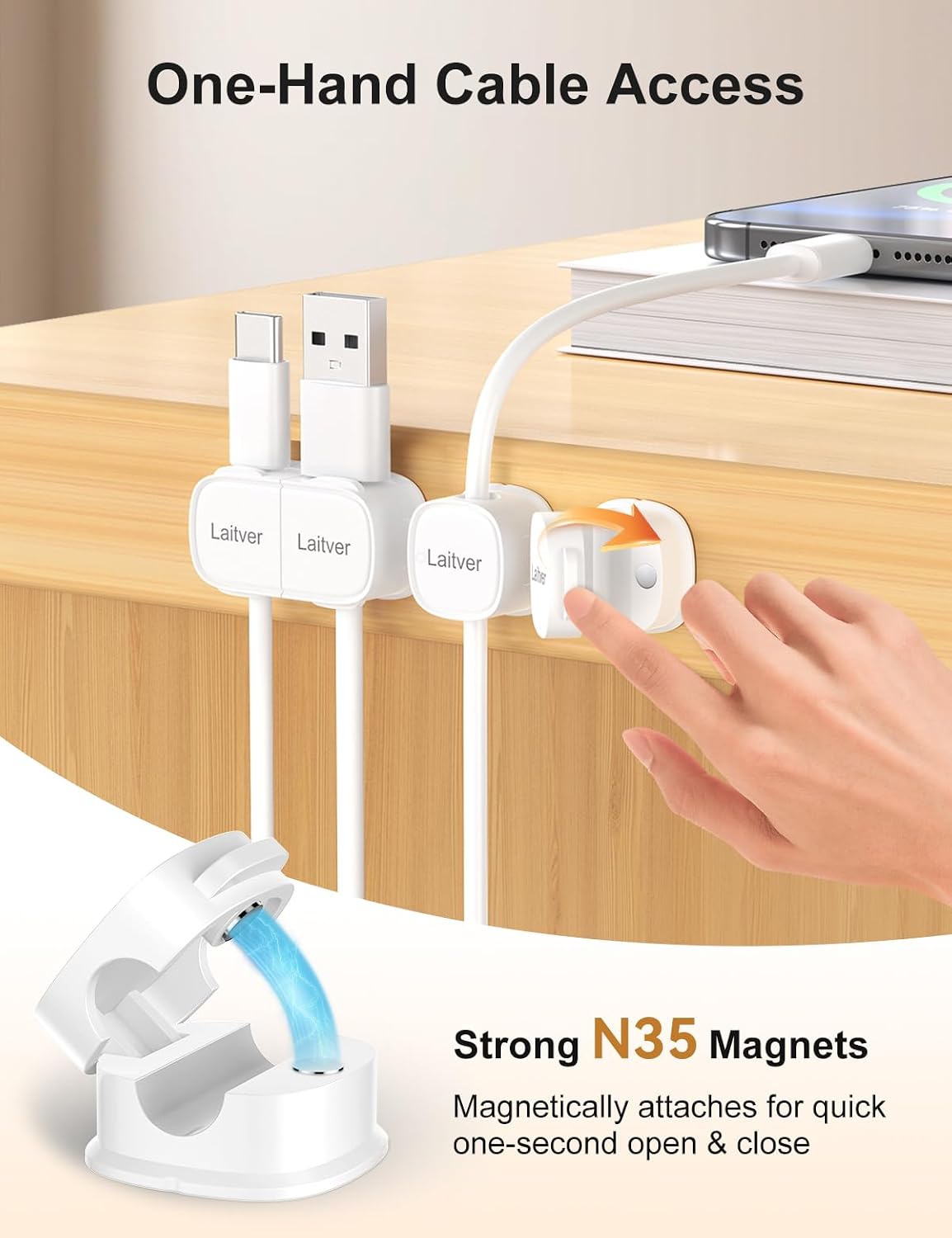 6 Pack Magnetic Cable Clips [1s Open/Lock], Cord Organizer Holder