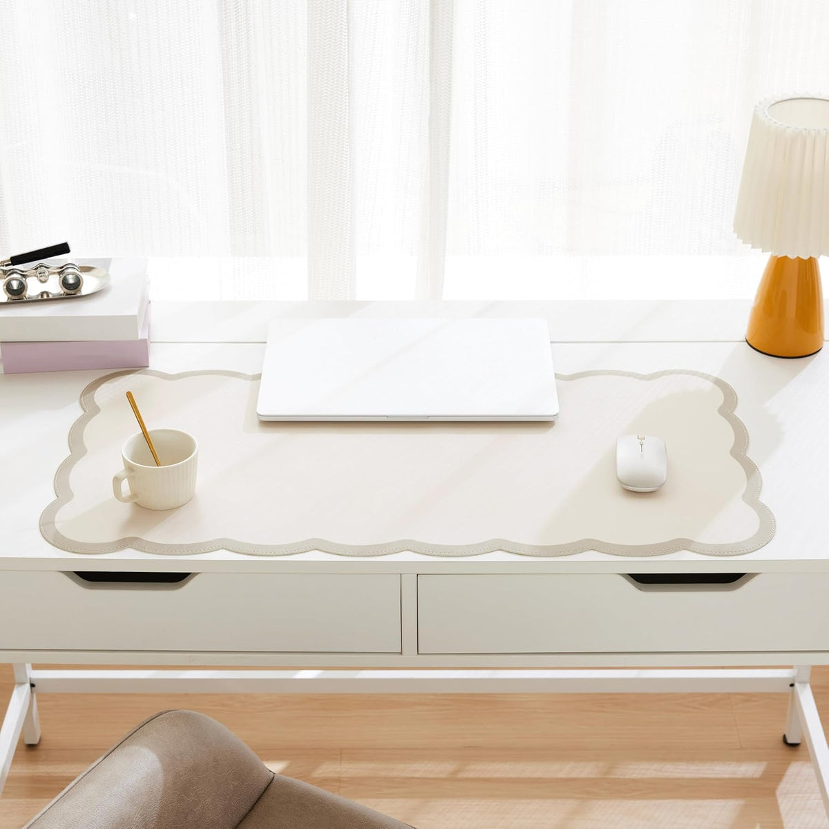 Scalloped Desk Mat, 31.5" x 15.7" Large Cute Aesthetic Desk Accessories, PU Leather Computer Laptop Desk Mouse Keyboard Pad, Desk Writing Mat for Vanity/Work/Home Decor (Beige, 31.5" x 15.7")