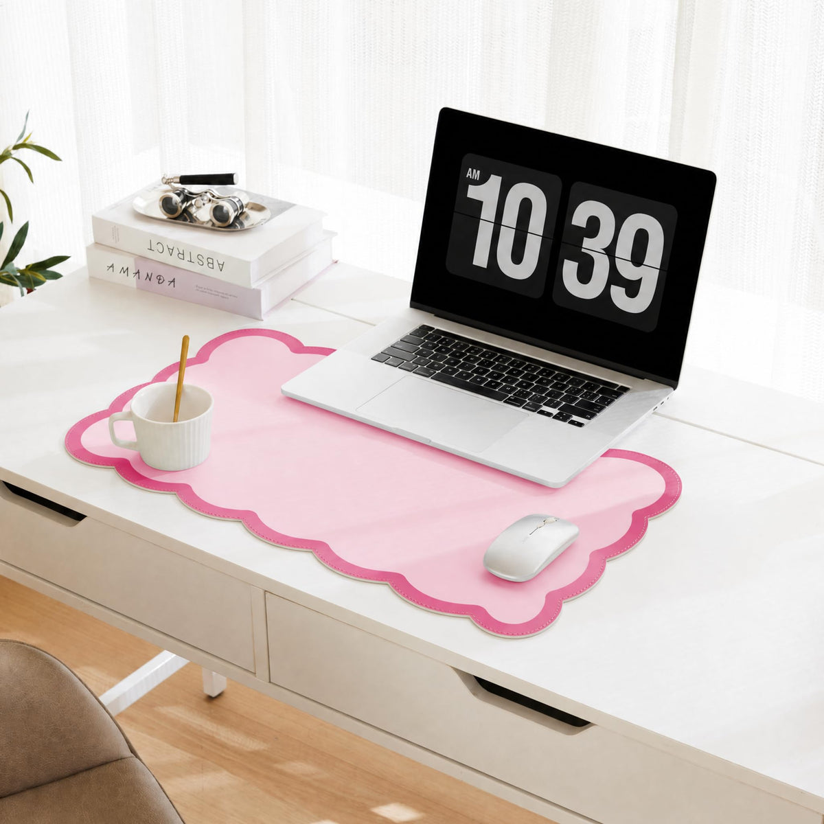 Scalloped Desk Mat, 31.5" x 15.7" Large Cute Aesthetic Desk Accessories, PU Leather Computer Laptop Desk Mouse Keyboard Pad, Desk Writing Mat for Vanity/Work/Home Decor (Beige, 31.5" x 15.7")
