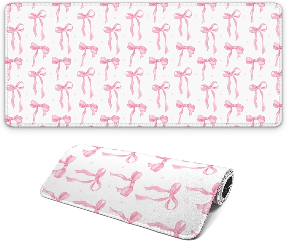 Large Computer Mouse Pad with Non-Slip Base for Desktop, Cute Gaming Mouse Mat with Stitched Edges, Long Extended Anime Mousepad for Laptop, 31.5 x 11.8 inches (Cute Ribbon Bow)