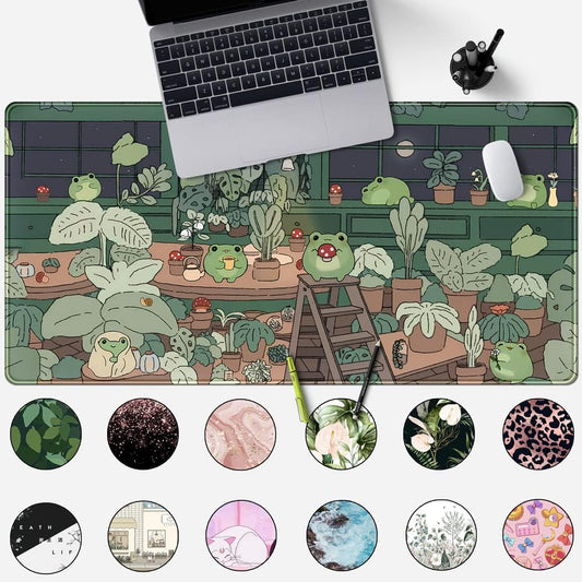 Cute Frog Mouse Pad Desk Pad Kawaii Green Decor Mat, Large Gaming Mouse Pad for Desk Computer Keyboard Laptop, Desk Decor Home Office Accessories for Girl (31.5x15.7 in) with Stitched Eges Pad