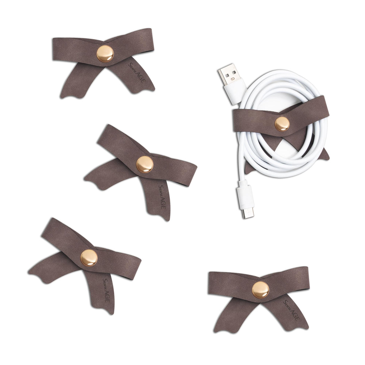 SenseAGE 5 Pack Cord Organizer, Bow Cord Keeper, Cable Organizer USB Holder, Leather Cable Management, Cable Straps, Earphone Winder, Storage Straps for Electronics, Earbuds, Small, Pink
