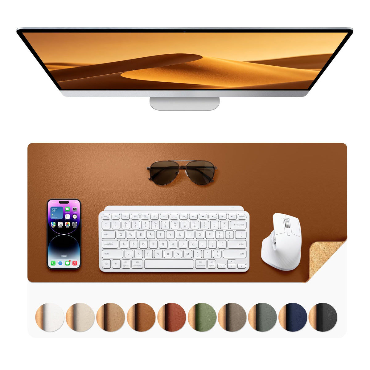 Aothia Double-Sided Desk Pad, 35.4" x 15.7"Leather Desk Mat, Eco Cork Desk Pad Protector,Large Mouse Pad,Waterproof Desk Blotter for Office/Home(Brown)