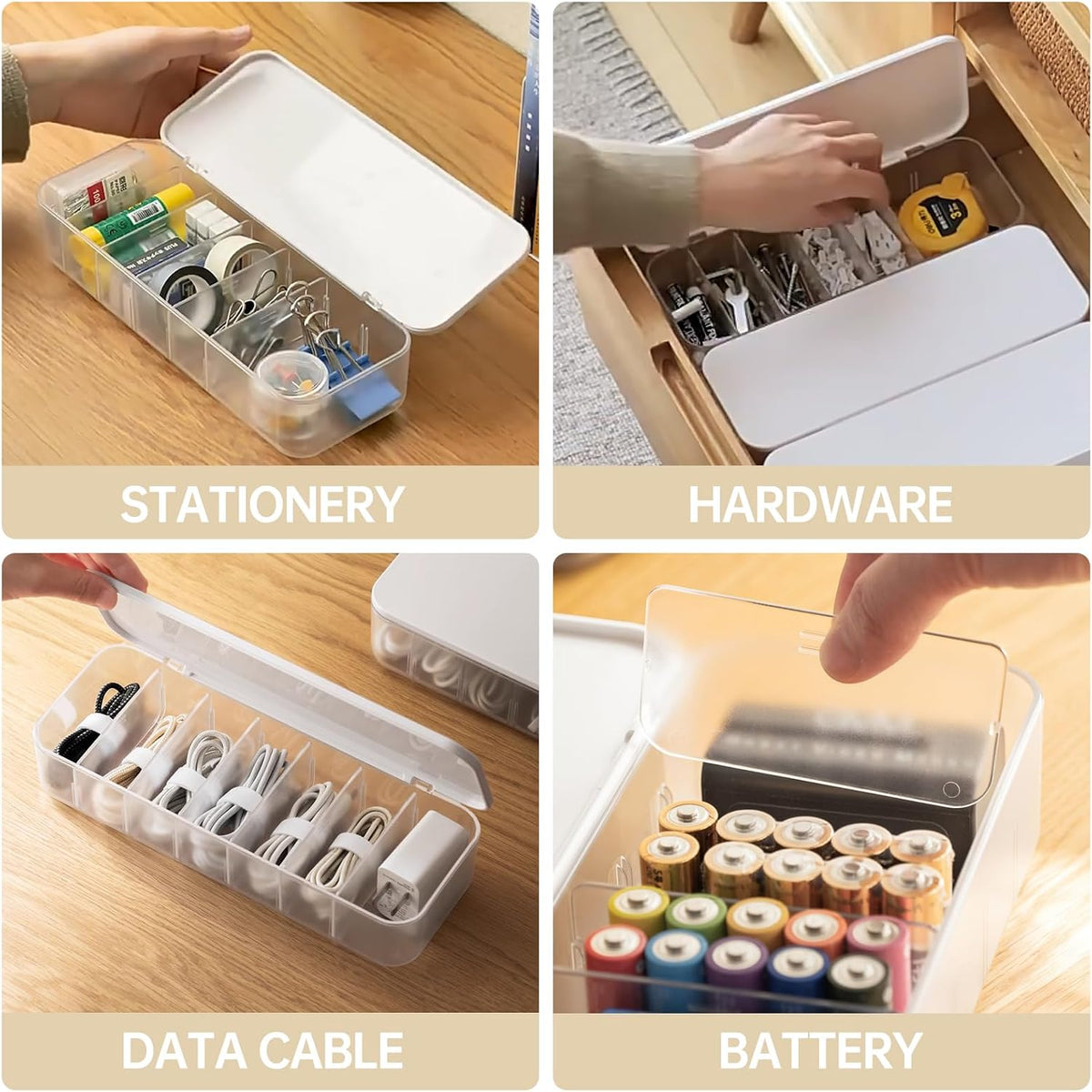 PAVSTINE Cable Organizer Storage Box with Lid, 7 Wire Ties, White