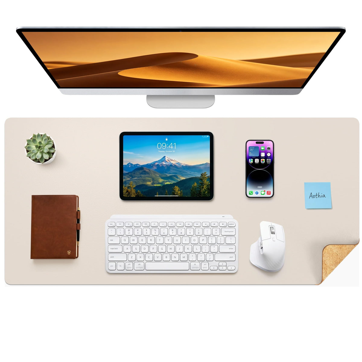 Aothia Double-Sided Desk Pad, 35.4" x 15.7"Leather Desk Mat, Eco Cork Desk Pad Protector,Large Mouse Pad,Waterproof Desk Blotter for Office/Home(Brown)