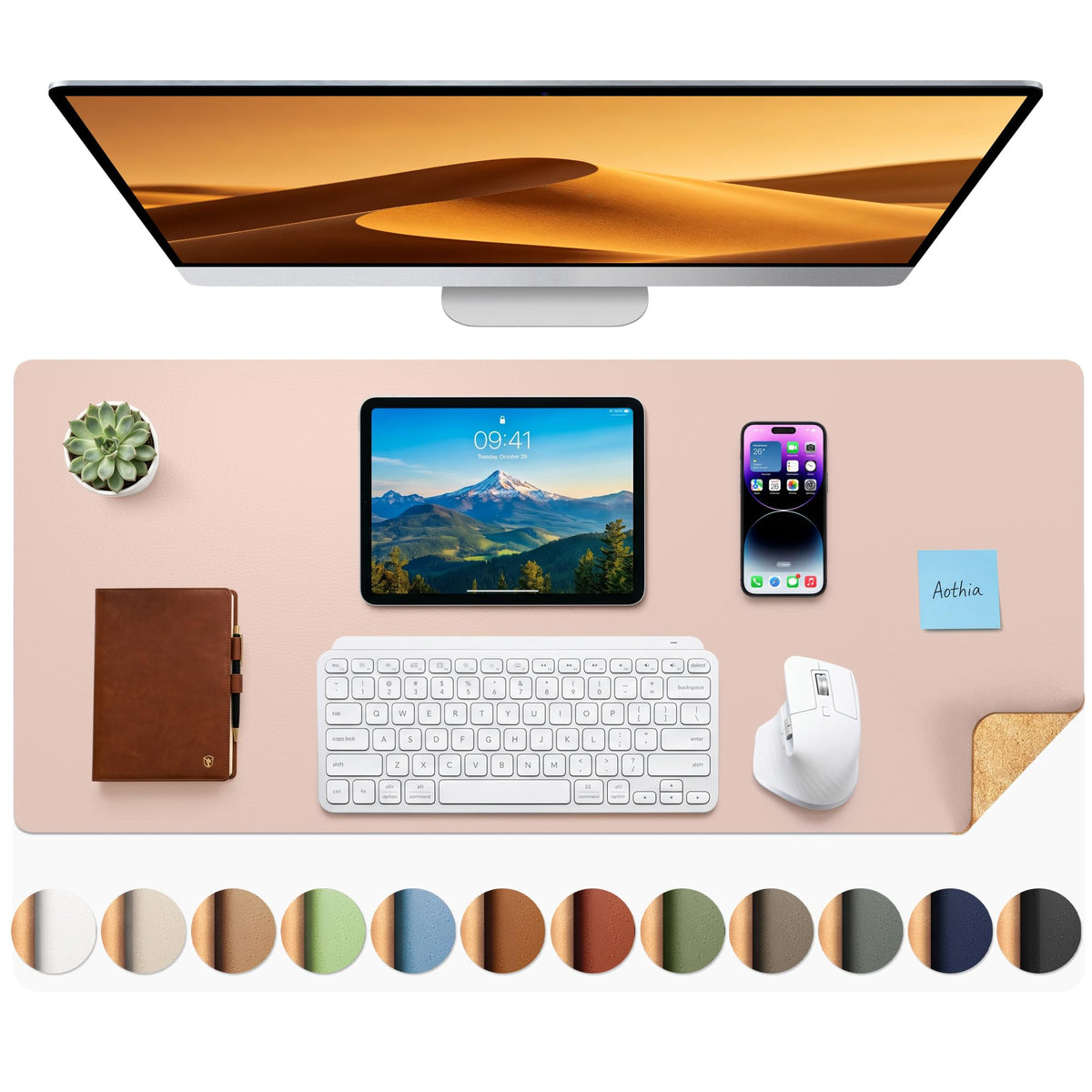 Aothia Double-Sided Desk Pad, 35.4" x 15.7"Leather Desk Mat, Eco Cork Desk Pad Protector,Large Mouse Pad,Waterproof Desk Blotter for Office/Home(Brown)