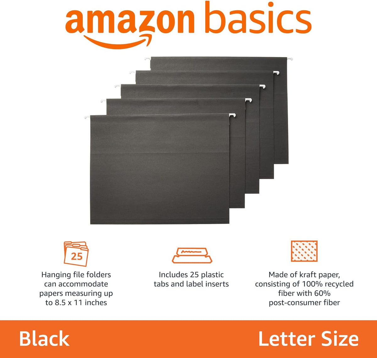Amazon Basics Hanging File Folders with Adjustable Tabs for Document Organization, Letter Size, 8.5x11 inches, Black, 25-Pack